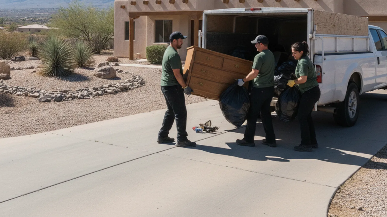 Las Cruces Trash Removal crew loading a junk-removal truck with the Organ Mountains behind
